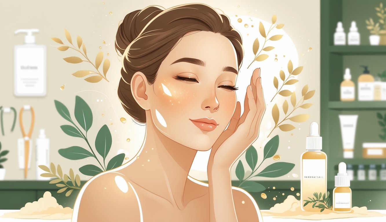 An adult woman with glowing skin gently touching her face, surrounded by skincare elements and a calm medical office background.