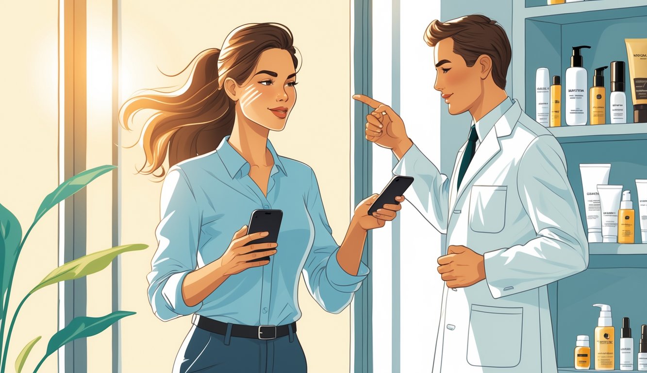 A busy adult woman multitasking outdoors without proper sun protection, while a dermatologist points to skincare products nearby.