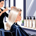 A hairstylist applying hair serum to a client's smooth, shiny hair in a modern salon setting with bottles of hair serum on a nearby counter.