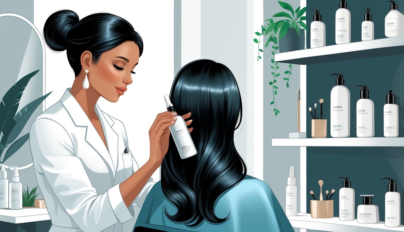 A hairstylist applying hair serum to a client's smooth, shiny hair in a modern salon setting with shelves of hair serum bottles in the background.