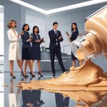 A group of beauty editors standing apart from a spilled foundation bottle on a reflective surface in an editorial office.