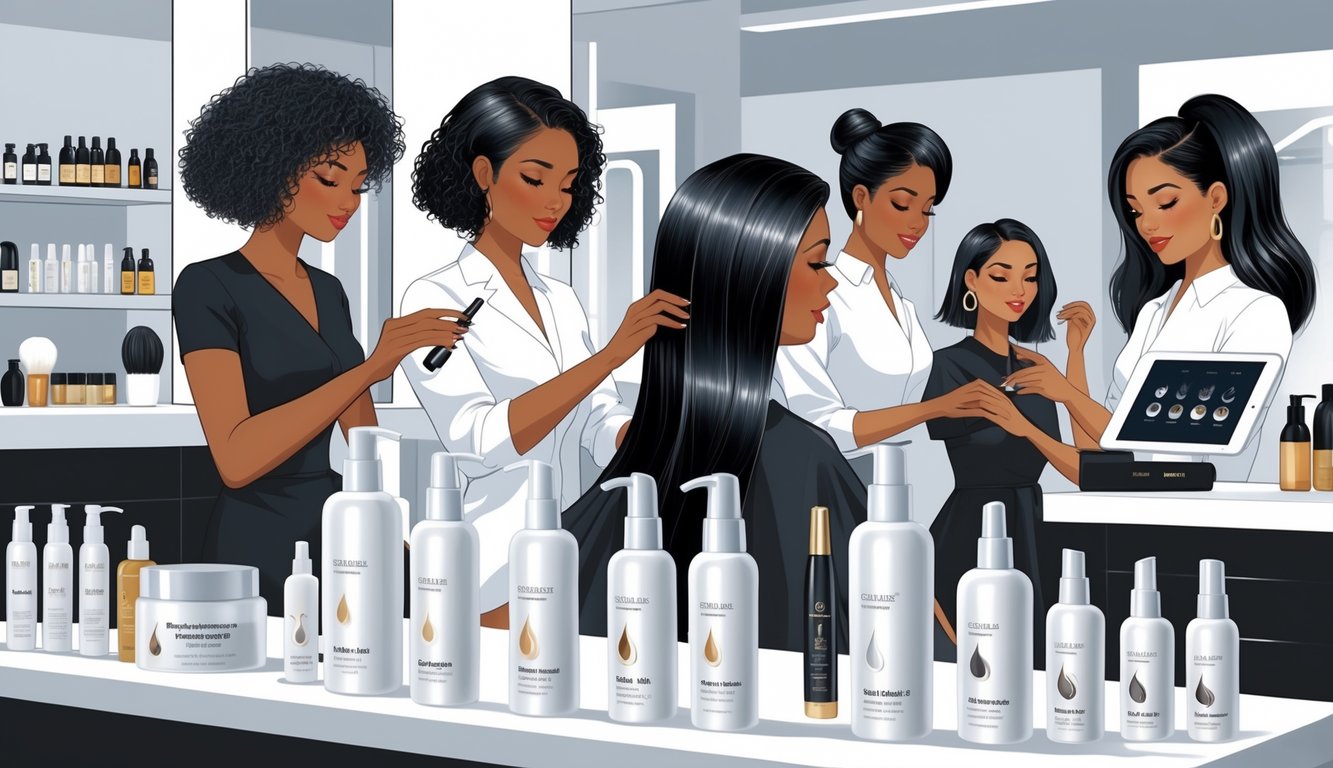 A salon scene where hairstylists are selecting and applying hair serums to clients with different hair types, showing smooth, frizz-free hair and professional care.