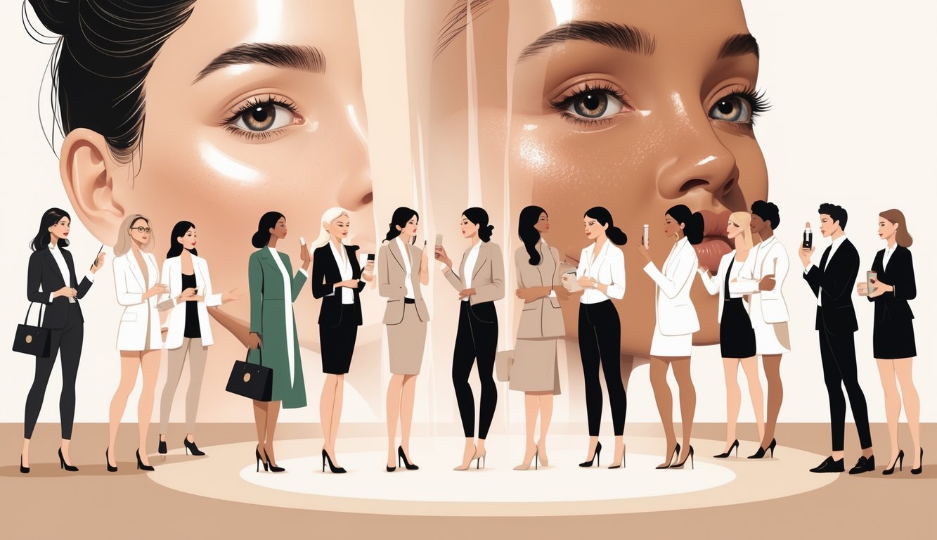 A group of beauty editors examining makeup products separated from a close-up view of natural skin showing real results.