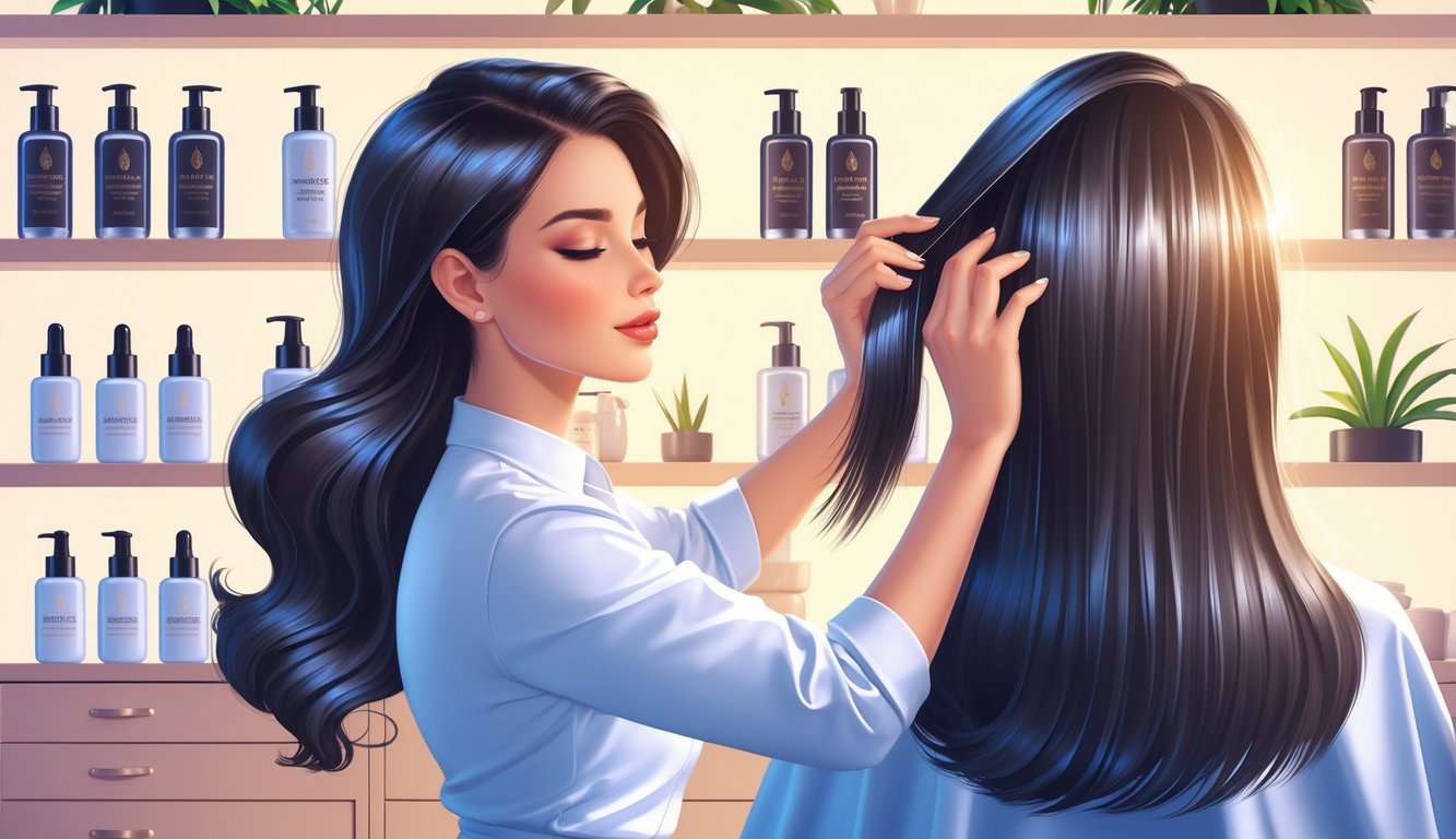 A hairstylist applying hair serum to a client's smooth, shiny hair in a modern salon.
