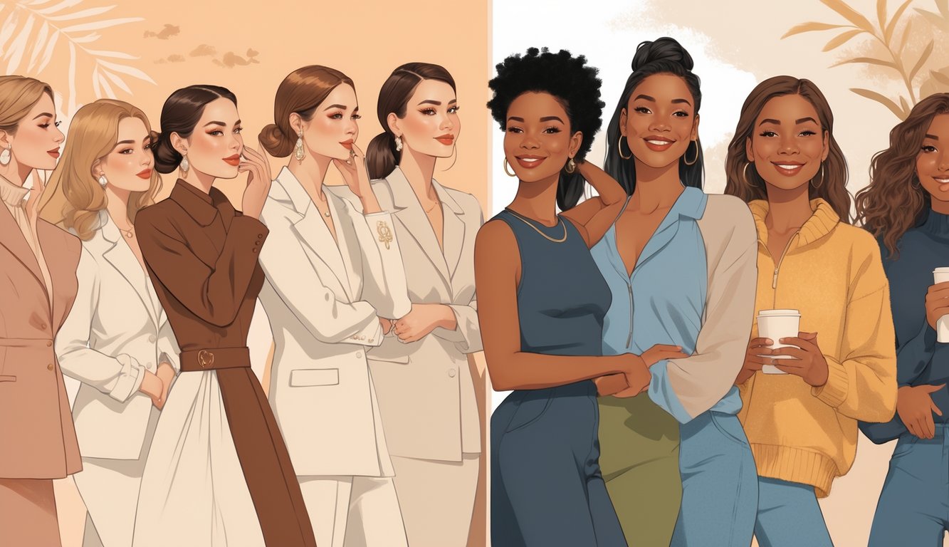 A group of beauty editors quietly separating from a diverse group of people showing natural, glowing skin and confident expressions.