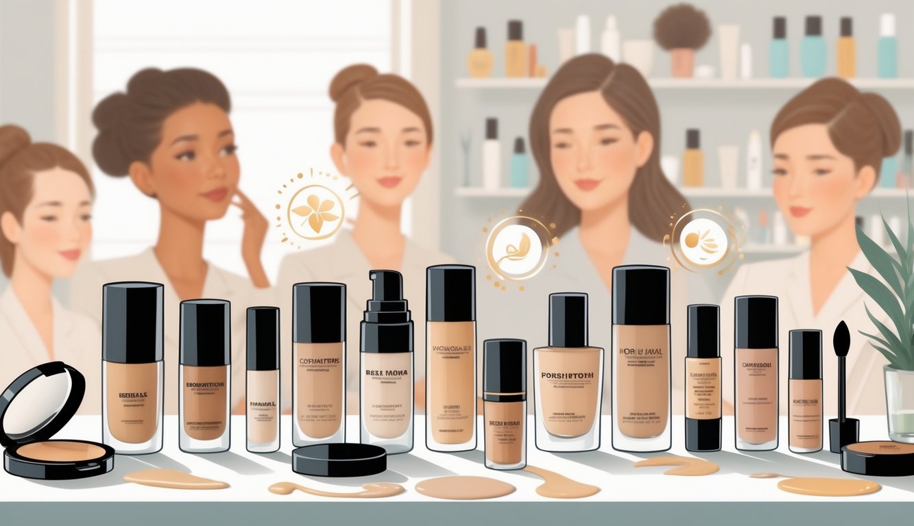 A variety of foundation makeup products displayed on a vanity table with beauty editors observing them thoughtfully in the background.