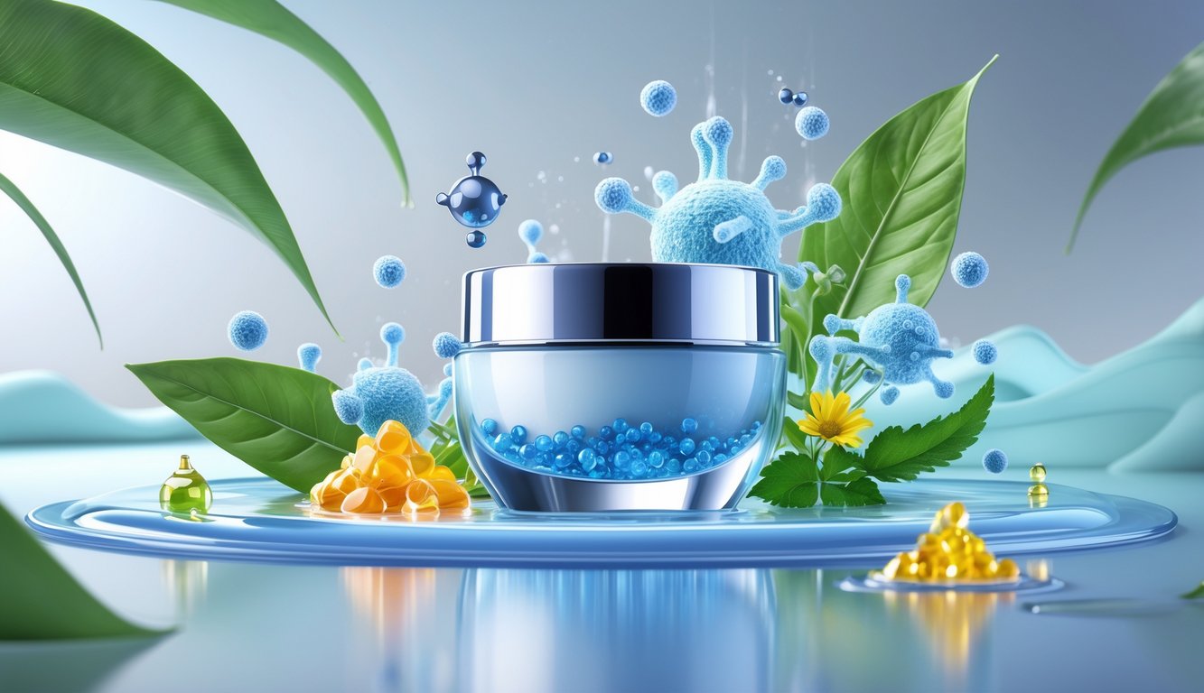 A cosmetic jar surrounded by molecular structures and natural ingredient elements like droplets, crystals, leaves, and flowers, representing key components of anti-aging moisturizers.