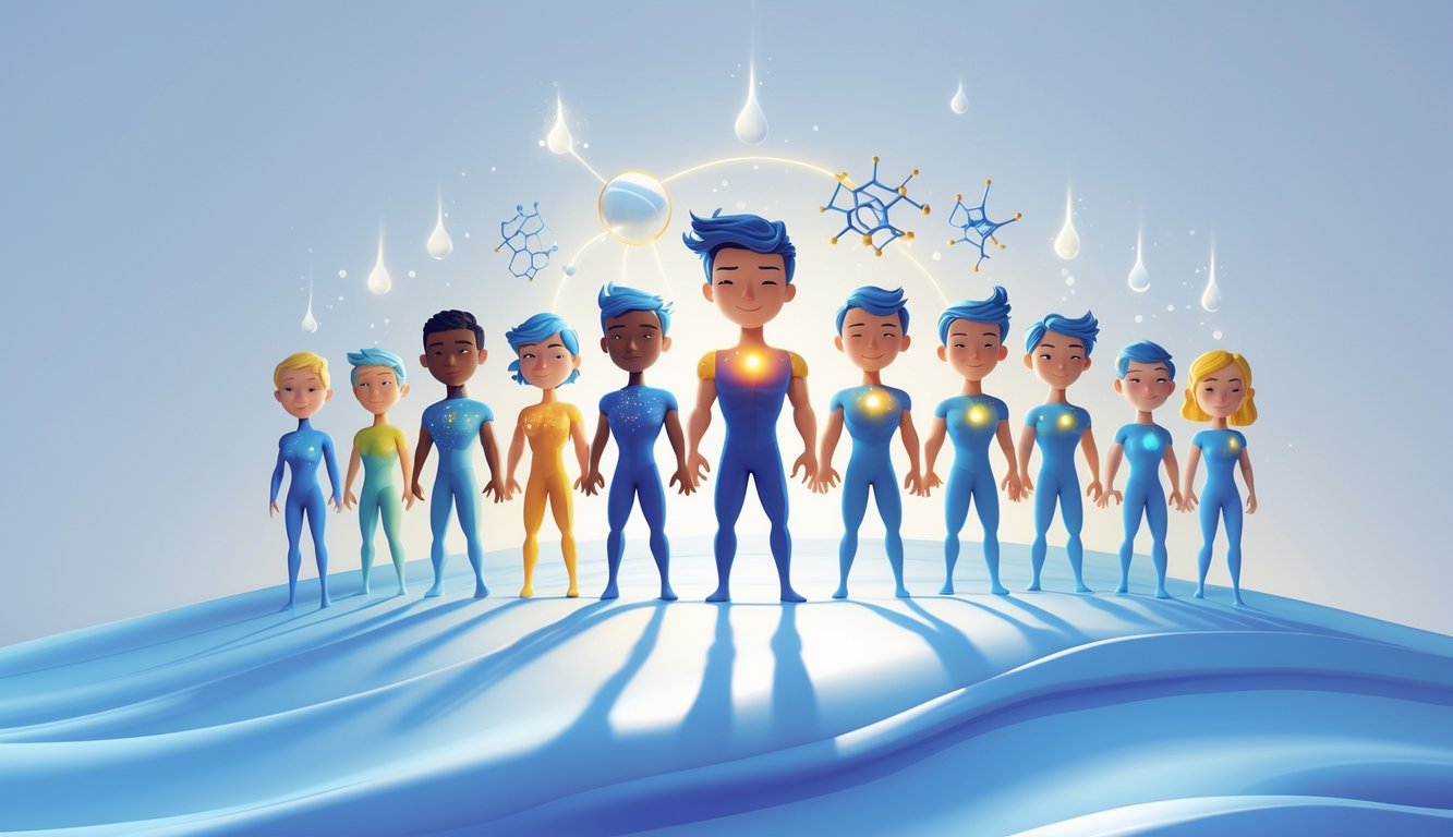 Illustration of glowing moisturizing ingredients personified as heroes standing on radiant, youthful skin, symbolizing hydration and anti-aging benefits.