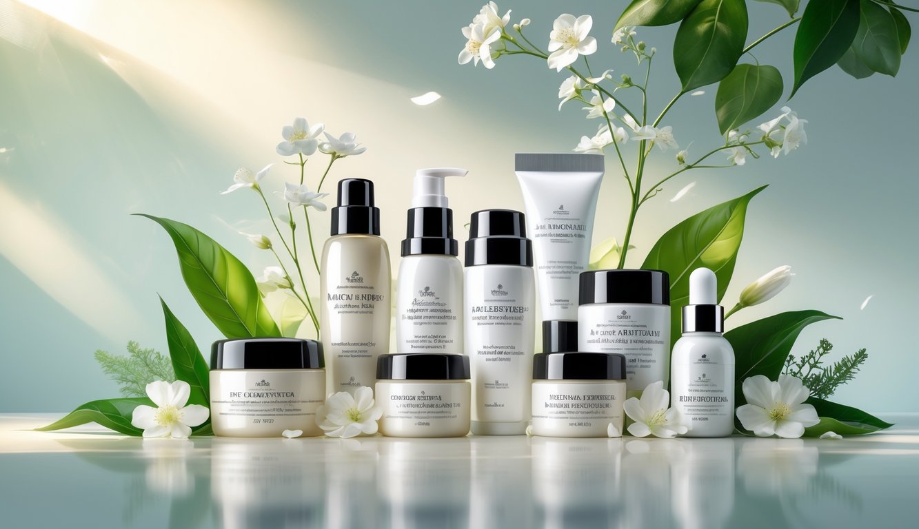 A variety of elegant anti-aging moisturizer containers displayed with natural leaves and flowers on a smooth surface.