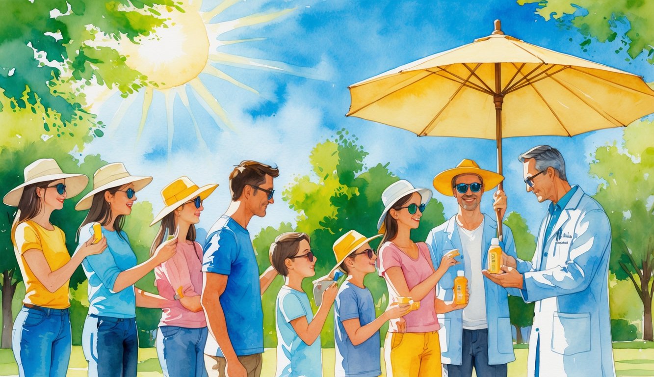 People outdoors in a sunny park applying sunscreen and wearing protective clothing while a dermatologist advises them about sun safety.
