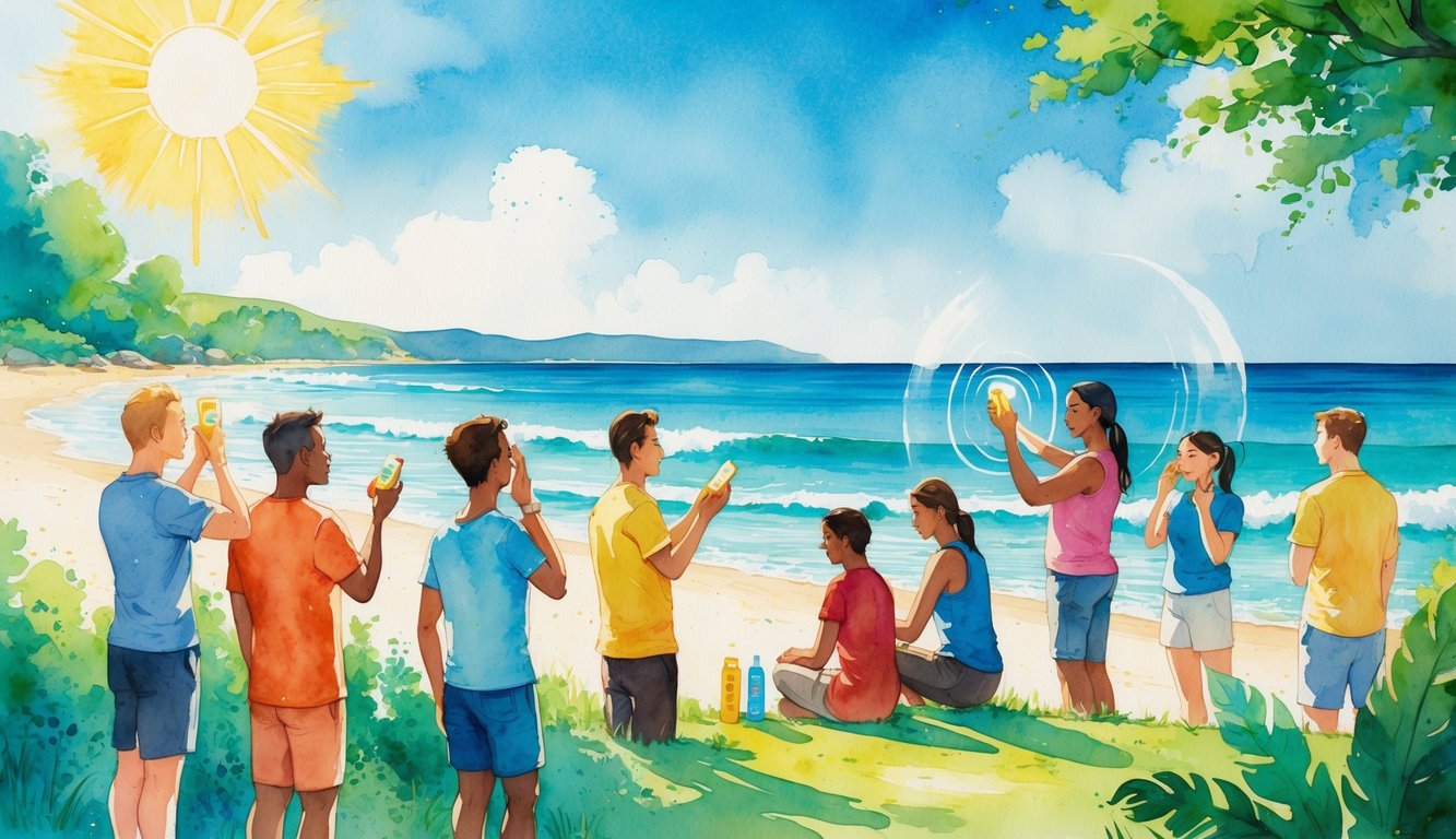 People applying sunscreen outdoors on a sunny beach with clear skies and greenery.