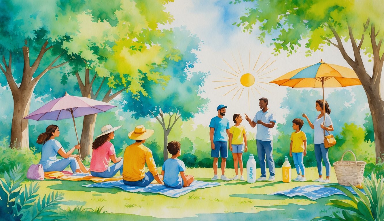 People outdoors in a sunny park using hats, sunglasses, shade, and protective clothing while a dermatologist advises a family about sun safety.