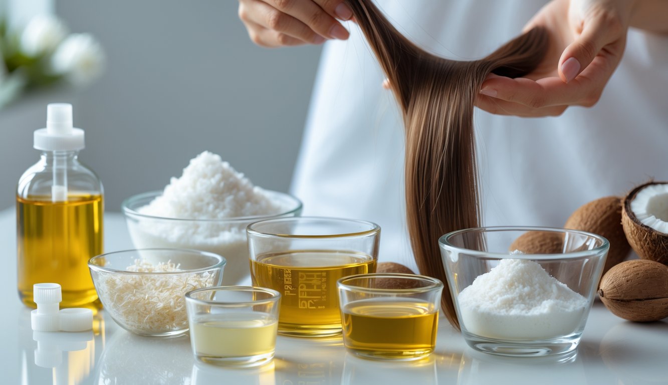 Close-up of various keratin treatment ingredients in bowls with a stylist holding smooth hair in the background.