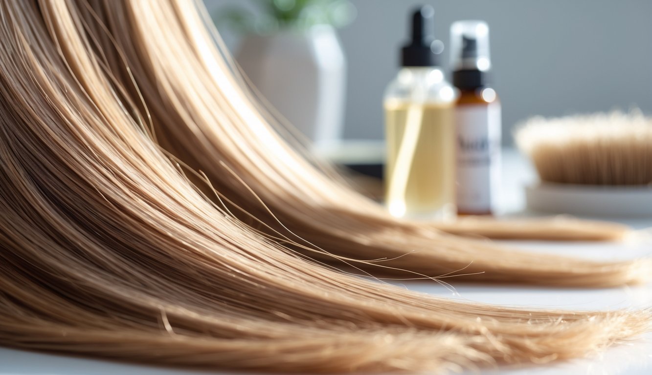 Close-up of healthy human hair strands showing the outer cuticle layer with a bottle of hair treatment and smooth hair in the background.