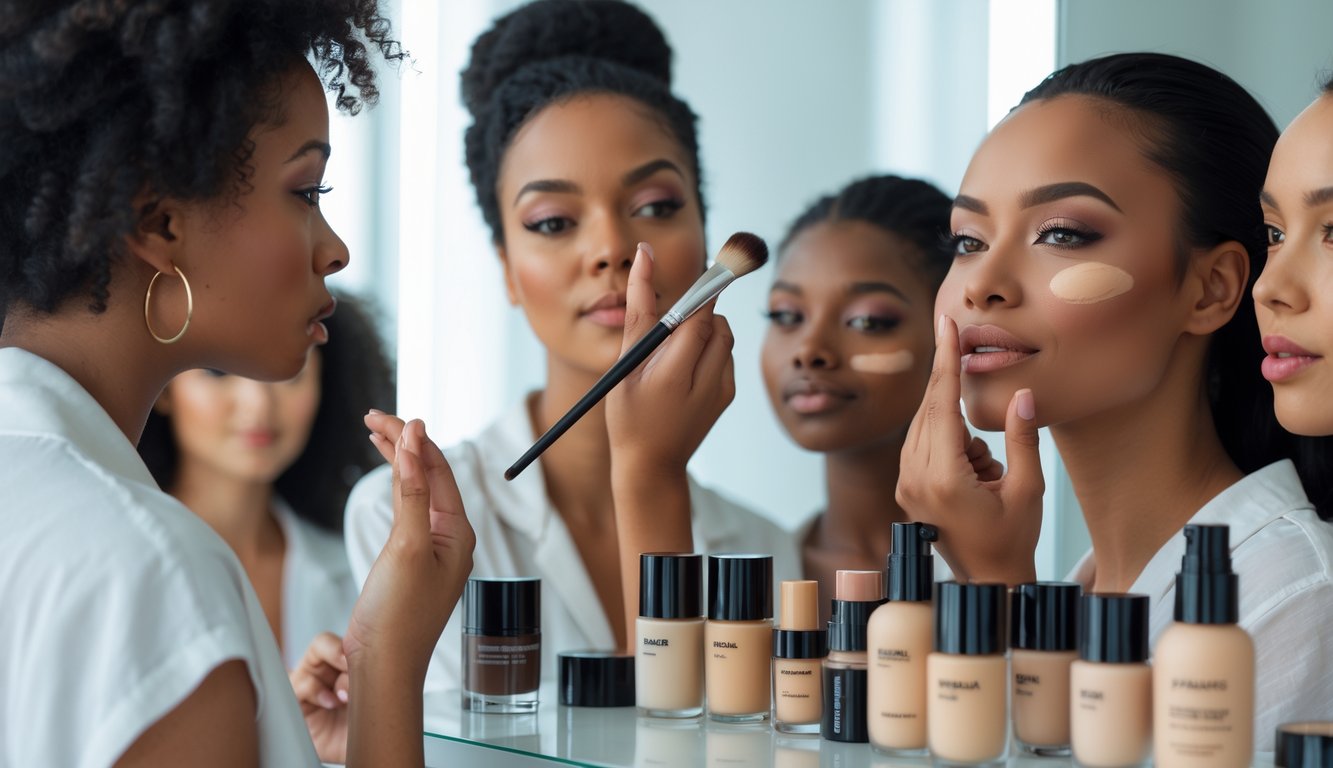 Close-up of diverse women applying foundation makeup and selecting shades at a vanity table.