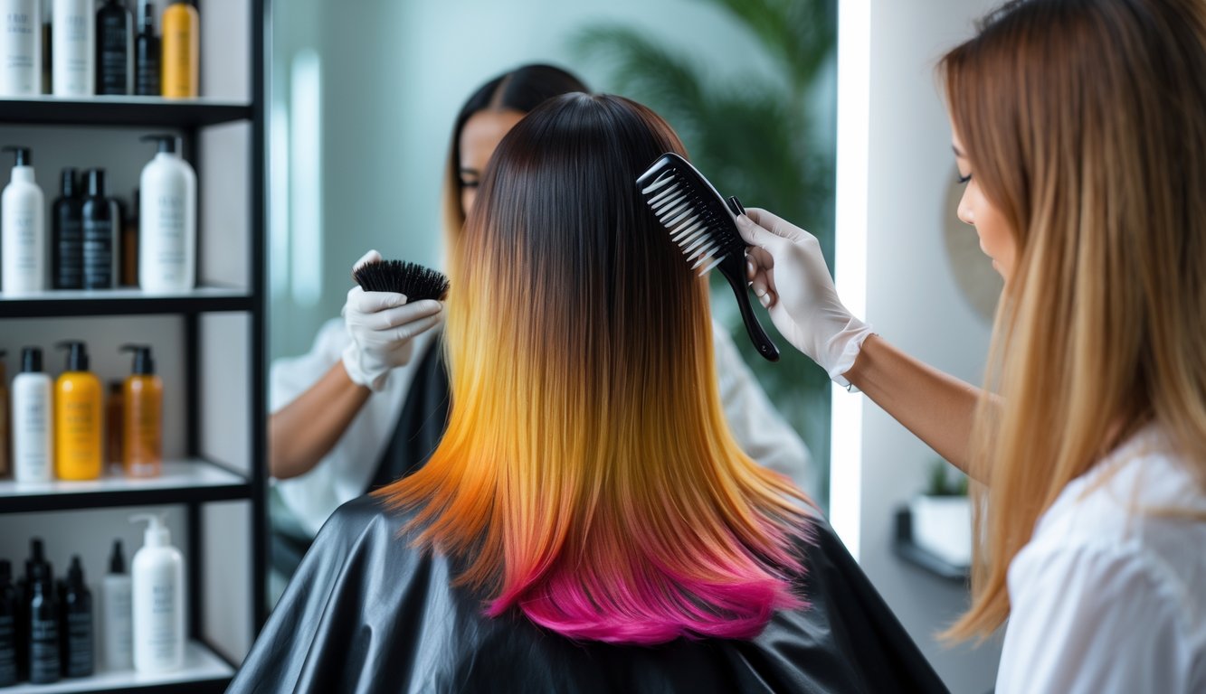 A hairstylist applying keratin treatment to a client's hair in a salon, showing hair color fading subtly towards the ends.
