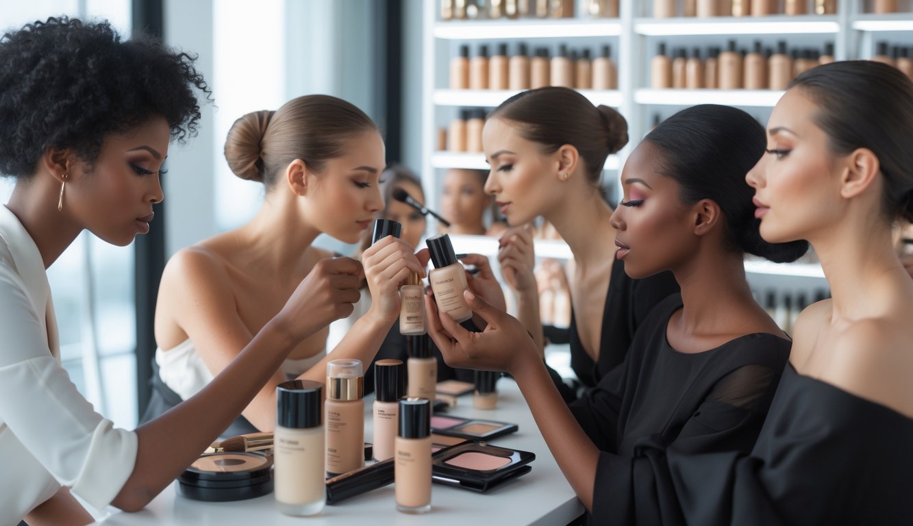 Makeup artists matching foundation shades on models with different skin tones in a bright studio.