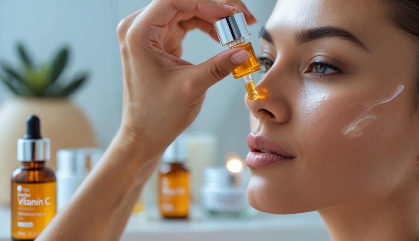 A woman applying vitamin C serum to her face with a dropper in a bright bathroom setting.