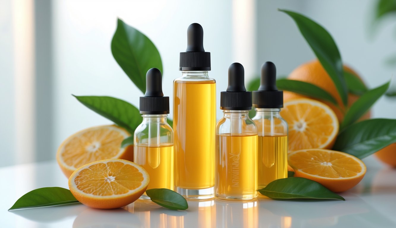 Close-up of vitamin C serum bottles with orange slices and green leaves on a white surface in a bright clinical setting.
