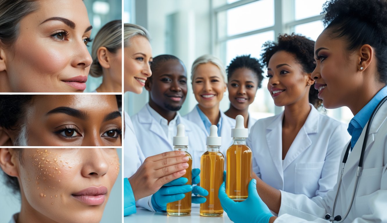 Dermatologists examining vitamin C serum bottles with models showing clear, glowing skin in a bright clinic.