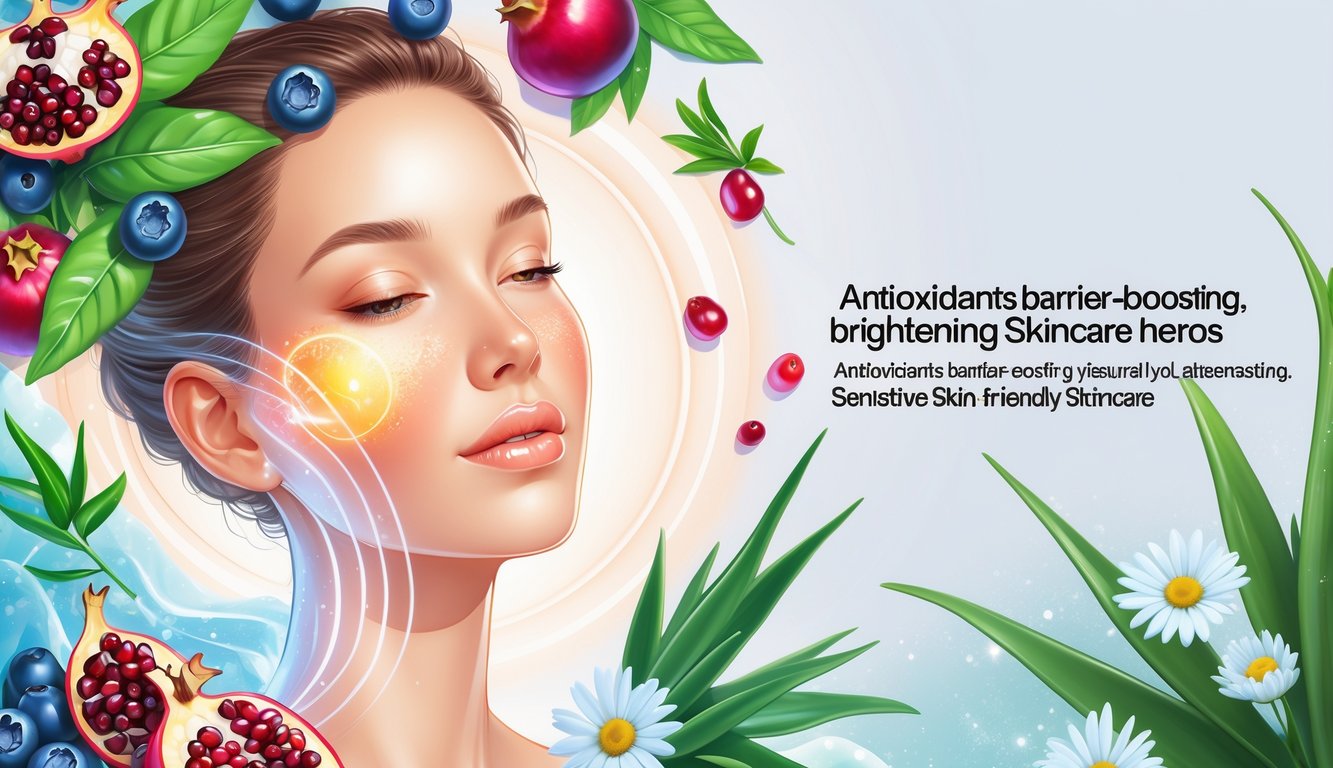 A glowing female face surrounded by fruits, plants, and gentle natural elements symbolizing antioxidants and skin protection.