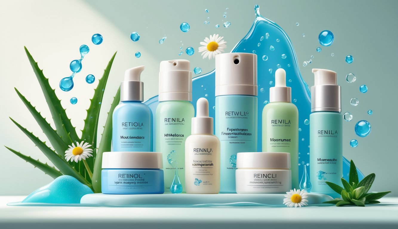 Various skincare bottles and jars surrounded by water droplets and natural plants like aloe vera and chamomile, representing gentle moisturizing and hydration-focused retinol alternatives.