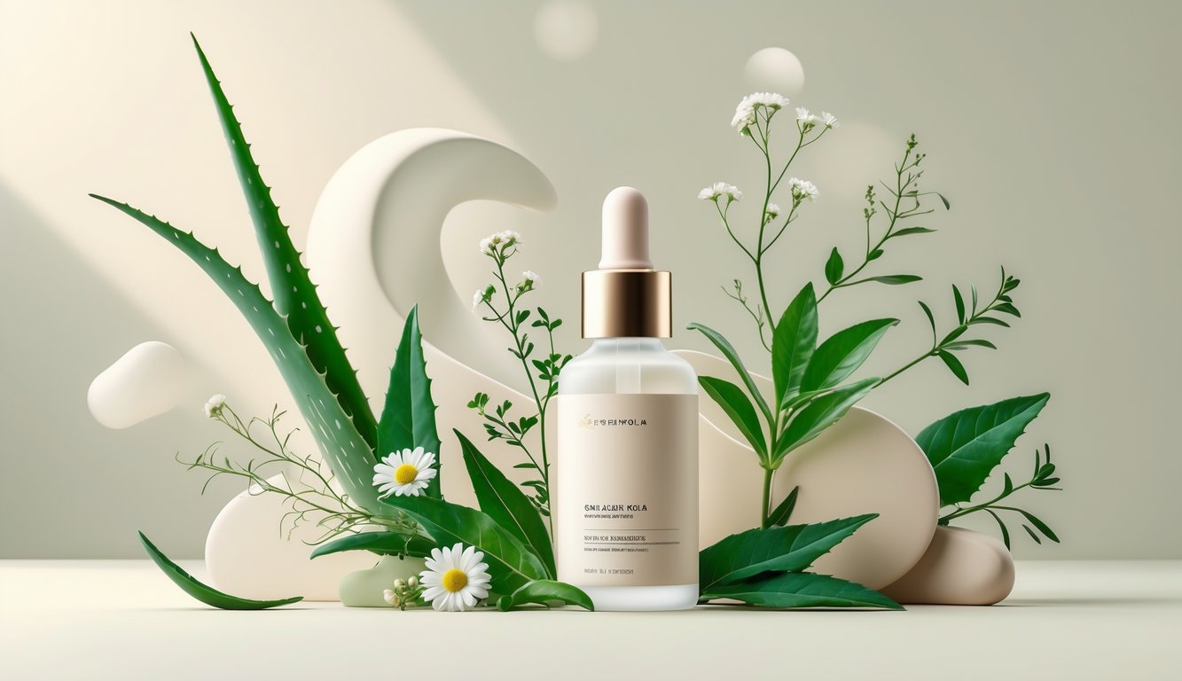 A calm scene showing natural plants like aloe vera, chamomile, green tea, and centella asiatica arranged around a clear skincare bottle with a dropper, set against a soft, neutral background.