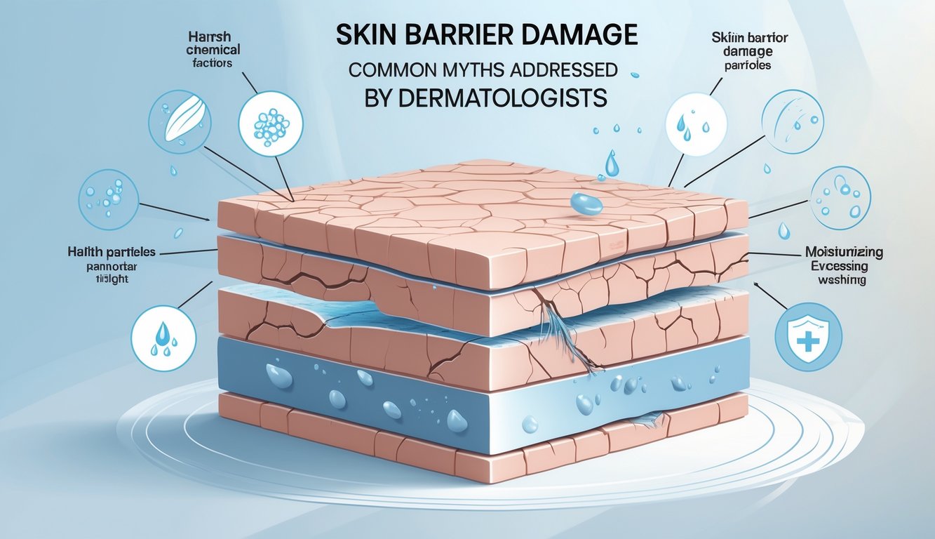 Close-up cross-section of human skin showing damaged and healthy skin barrier sides with symbols representing harmful factors and protective elements.