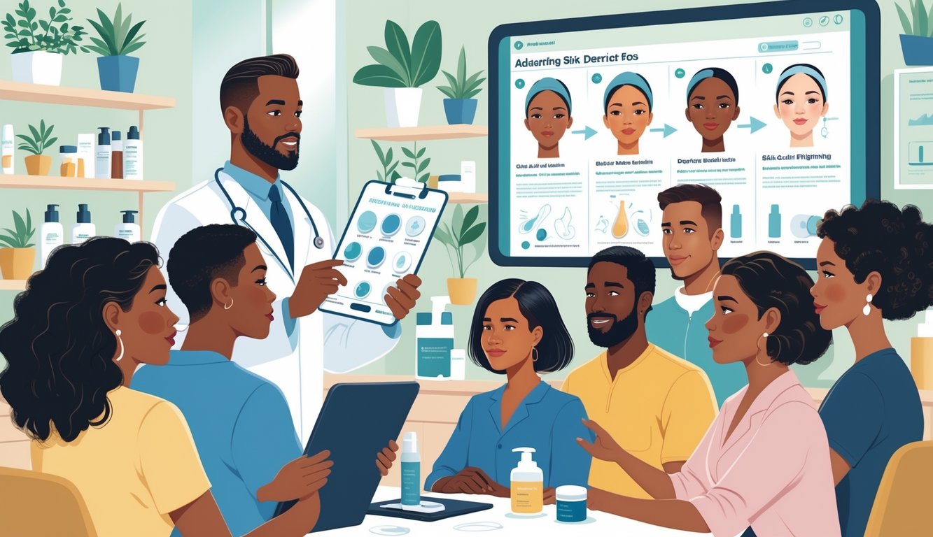 A dermatologist explains skincare routines to a diverse group of adults in a clinic, with skincare products and skin diagrams visible.