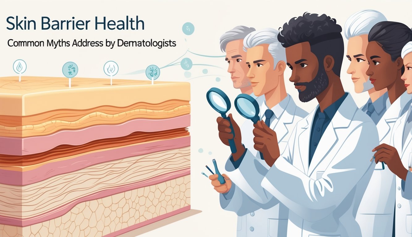 Close-up cross-section of healthy skin with dermatologists examining it, surrounded by subtle icons representing skin concerns.