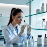 A female scientist in a lab coat examines a serum vial in a modern skincare laboratory surrounded by luxury skincare bottles and scientific equipment.