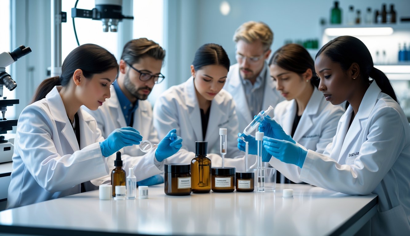 Scientists in a laboratory examining luxury skincare products with lab equipment in the background.