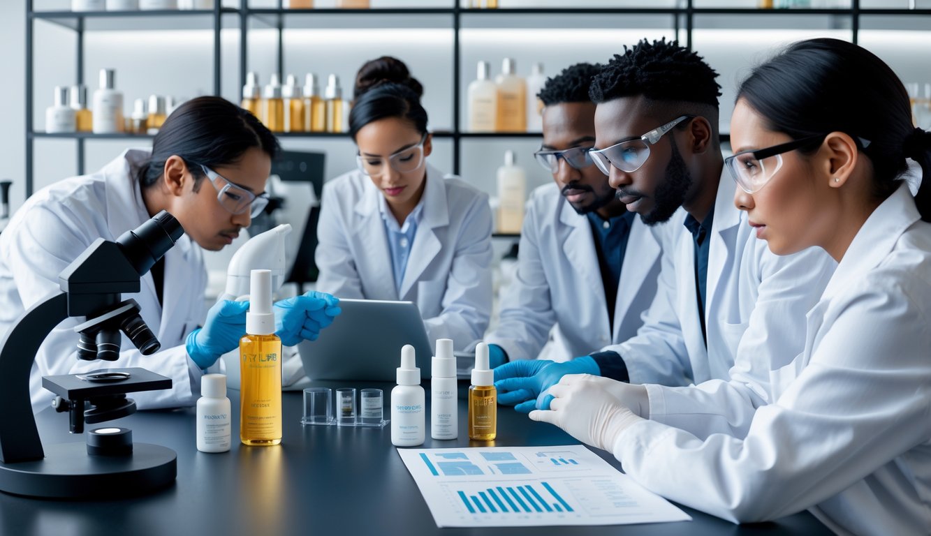 Scientists in a laboratory examining skincare products and analyzing data together.