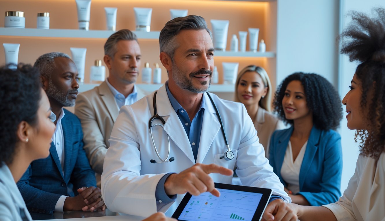 A dermatologist in a white coat explaining skincare information to a diverse group of adults in a modern clinic with luxury skincare products in the background.