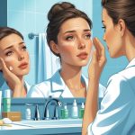 A woman looking worriedly at her reflection in a bathroom mirror with skincare products on the counter and a dermatologist advising her about skin care.