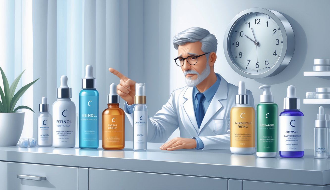 A dermatologist points at a retinol bottle among other skincare products on a vanity table, with a clock in the background symbolizing aging.