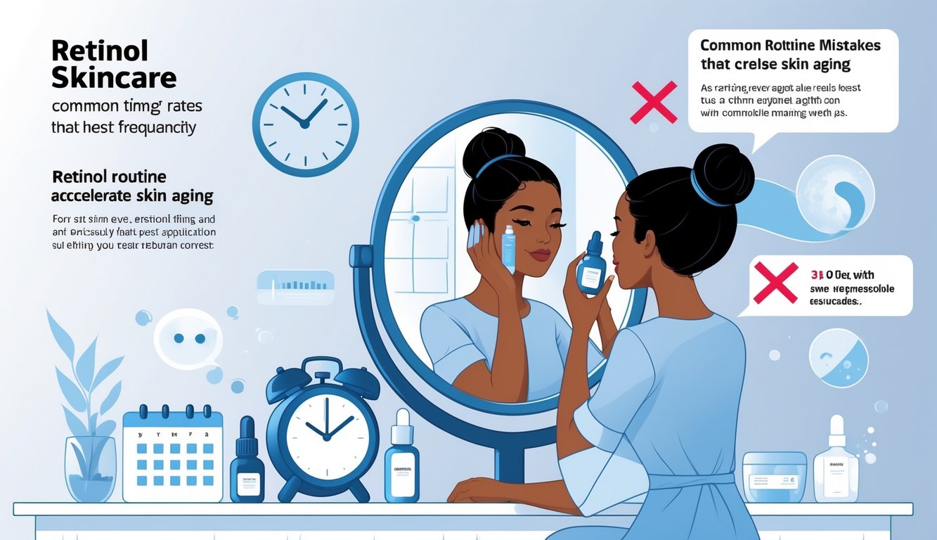 A woman applying skincare serum to her face in front of a mirror, with visual symbols showing correct timing and common mistakes in retinol use.