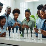 A group of adults closely examining bottles of skincare serums together in a bright bathroom setting.