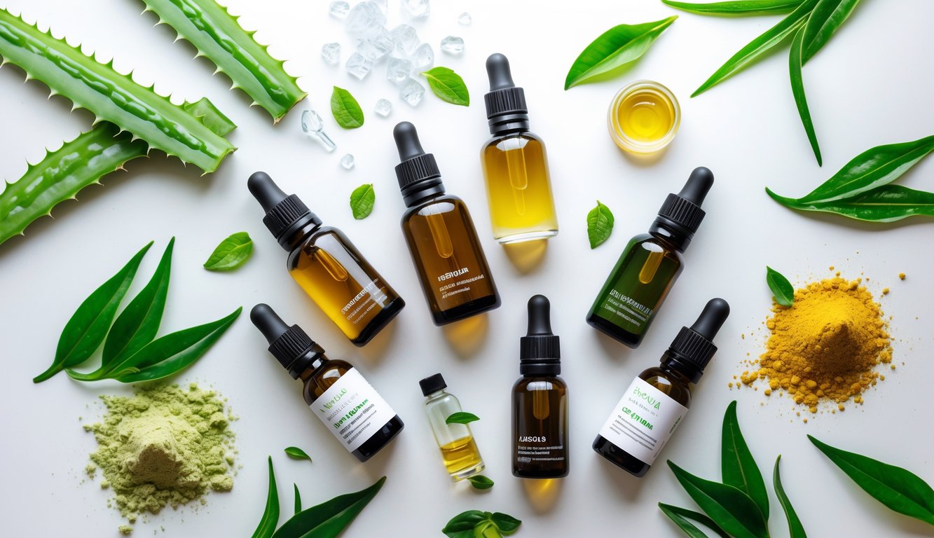 A flat lay of skincare serum bottles and natural ingredients arranged on a white surface.
