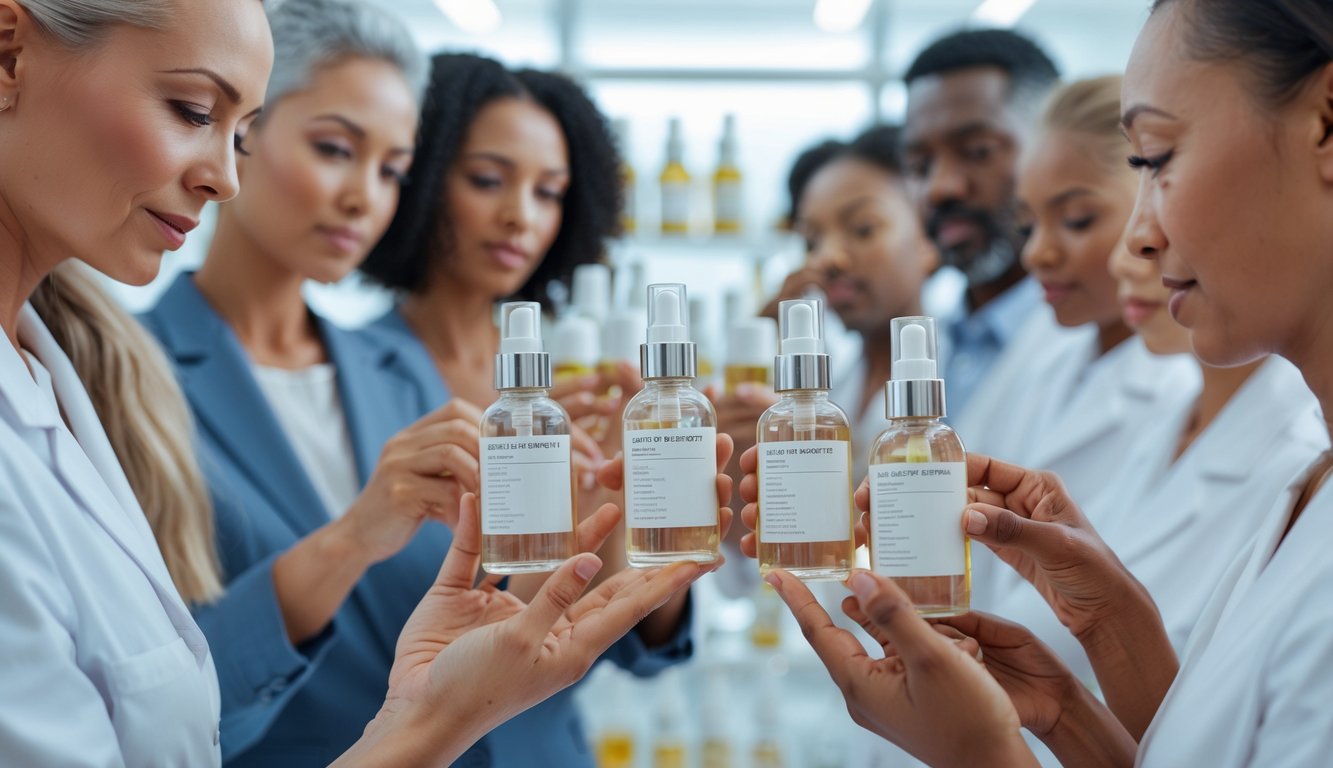 A group of adults closely examining serum bottles in a bright skincare store, focusing on the ingredient lists.