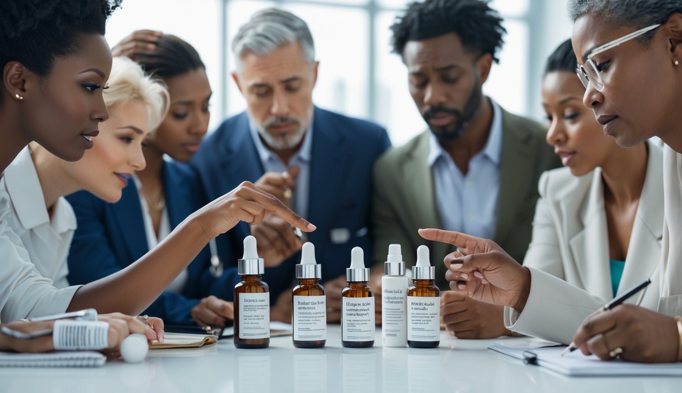 A group of adults closely examining skincare serum bottles and ingredient lists together at a table.