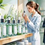 A dermatologist examines a facial serum bottle while a shopper pauses with a basket of skincare products in a softly lit bathroom setting.