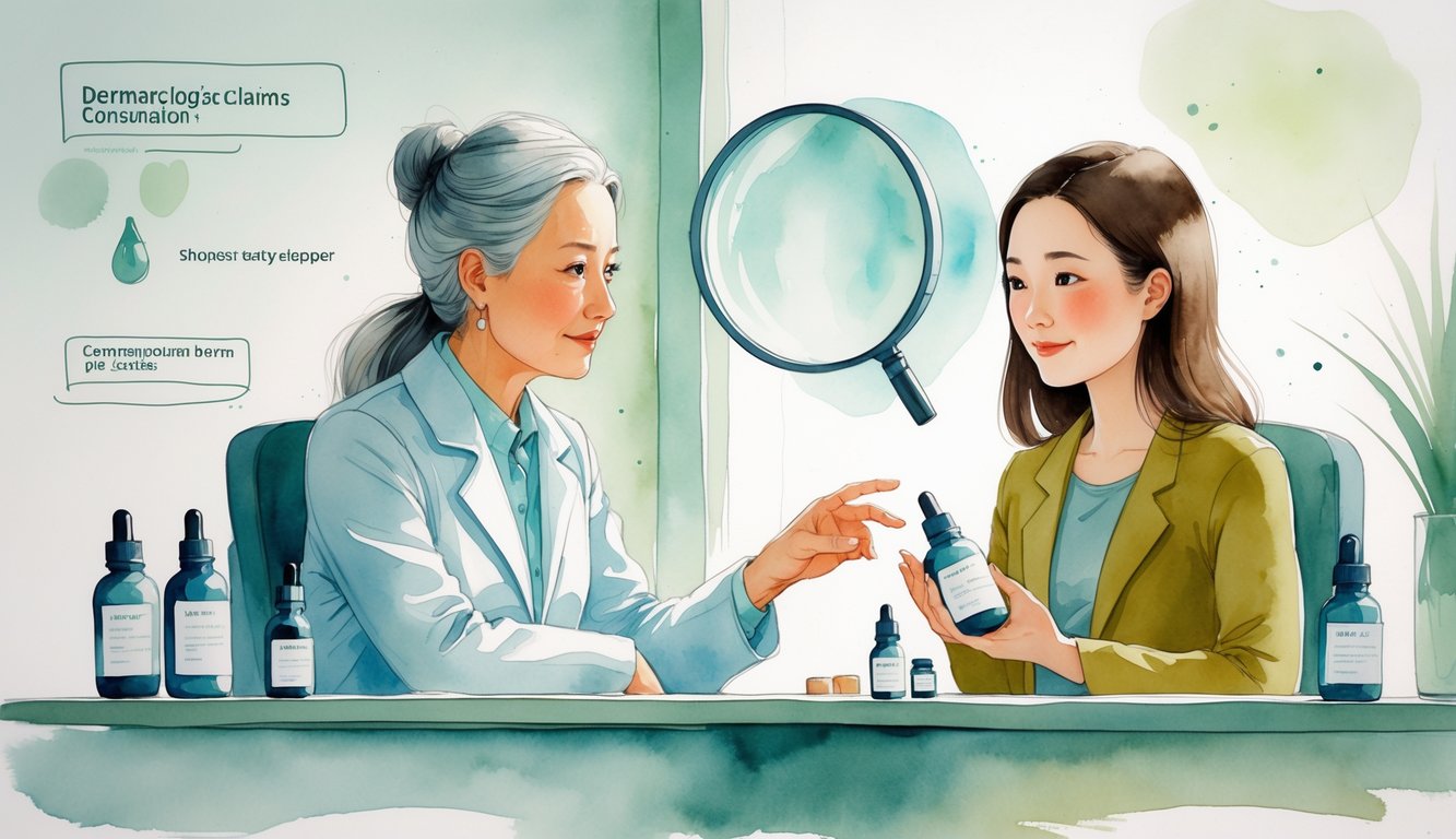 A dermatologist talks to a shopper holding a facial serum bottle in a consultation room, with magnifying glasses symbolizing scrutiny around them.