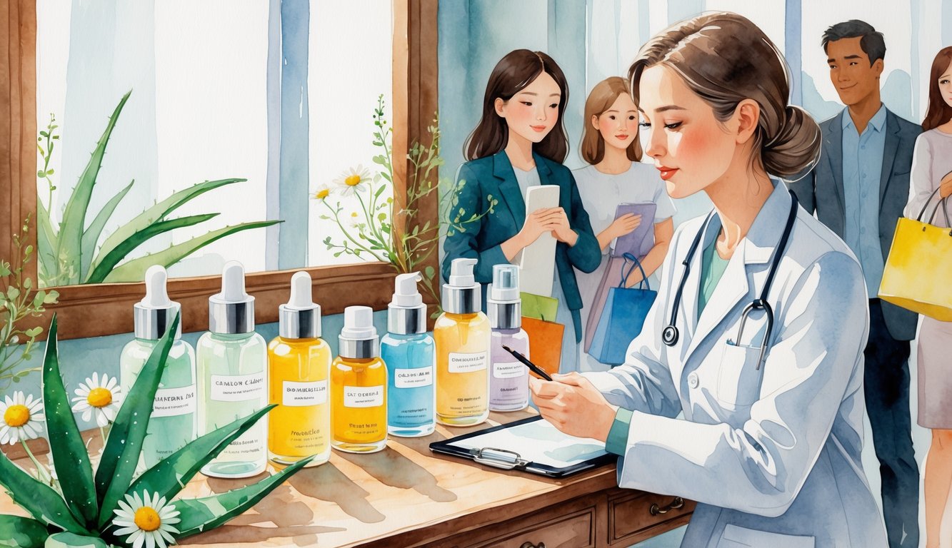 A dermatologist examining facial serum bottles on a vanity table while shoppers look on nearby.