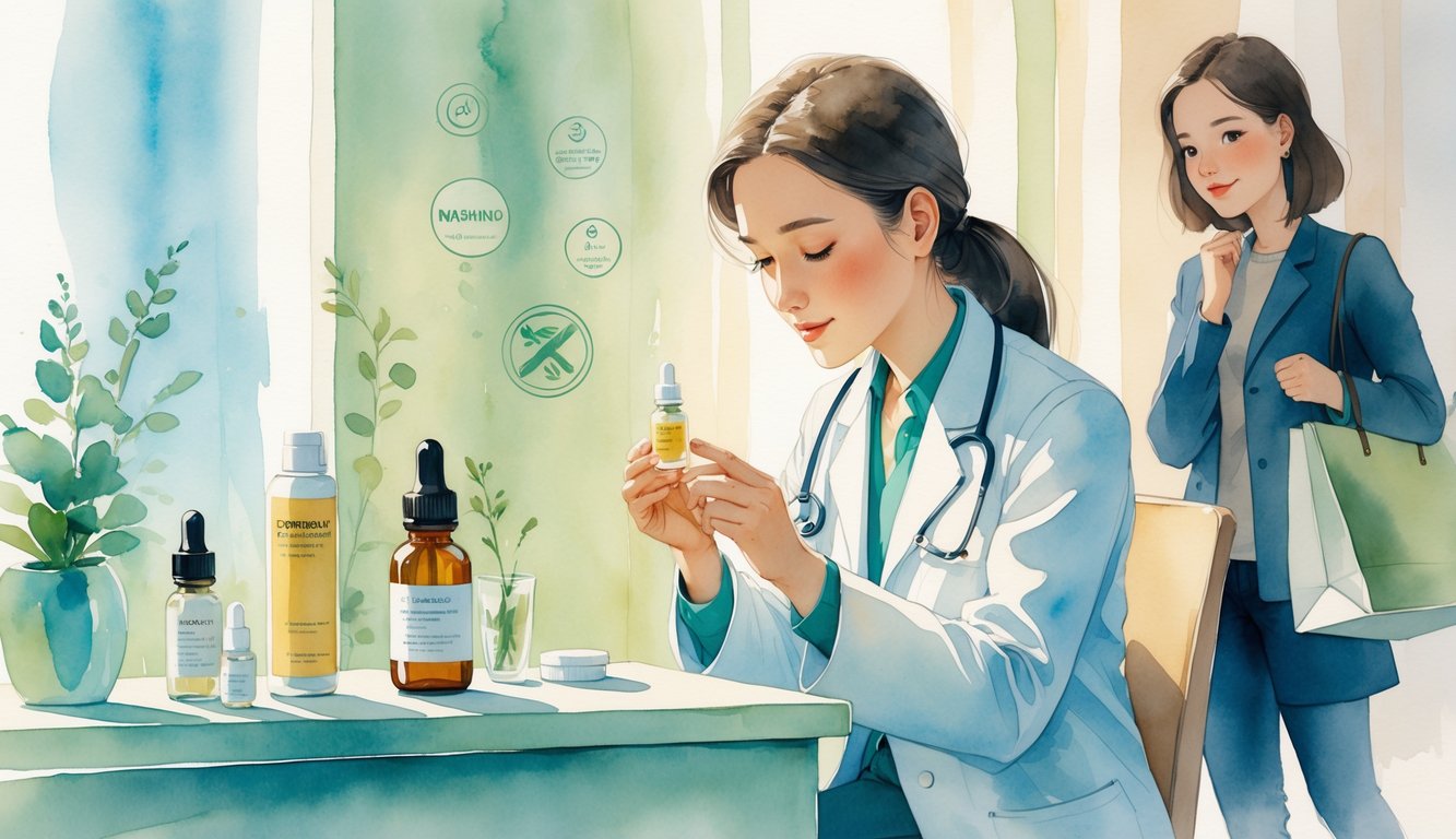 A dermatologist examines a bottle of facial serum while a shopper watches attentively in a softly lit consultation room.