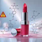 Close-up of a red lipstick surrounded by chemical symbols and warning icons in a clean, clinical setting.