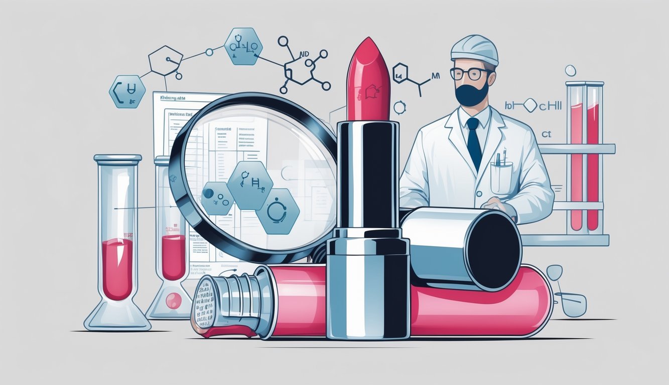 Close-up of a lipstick surrounded by scientific symbols and magnifying glasses, with health experts examining data in the background.