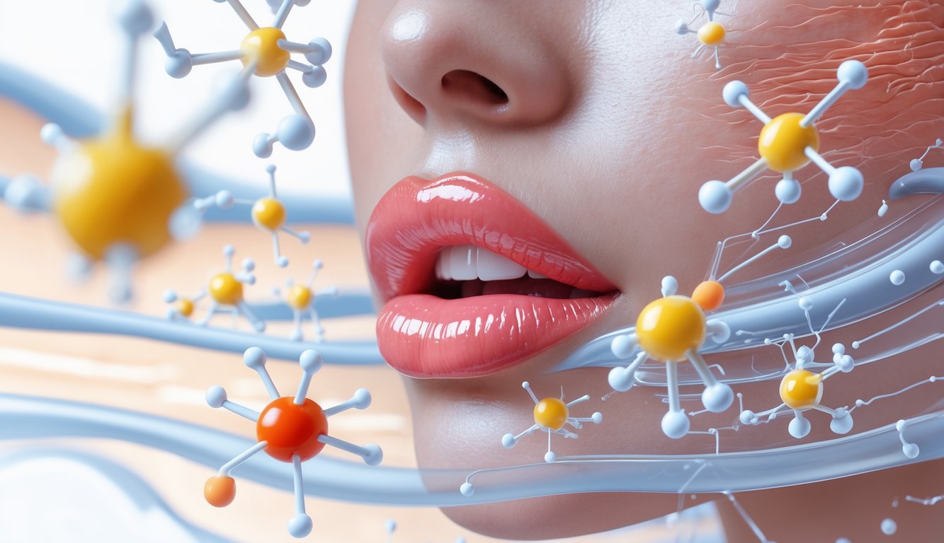 Close-up of a woman's face showing lips with lipstick, surrounded by floating molecular structures representing lipstick ingredients interacting with skin layers.