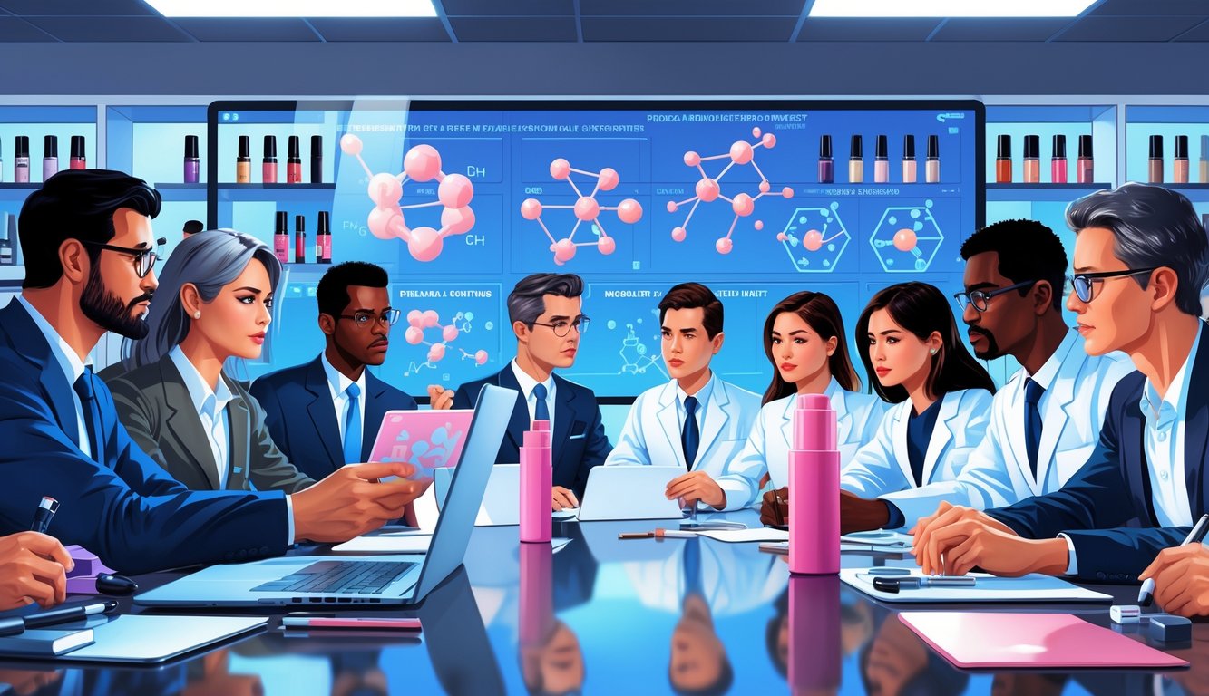 A group of professionals in a boardroom discussing chemical structures and lipstick products with serious expressions.